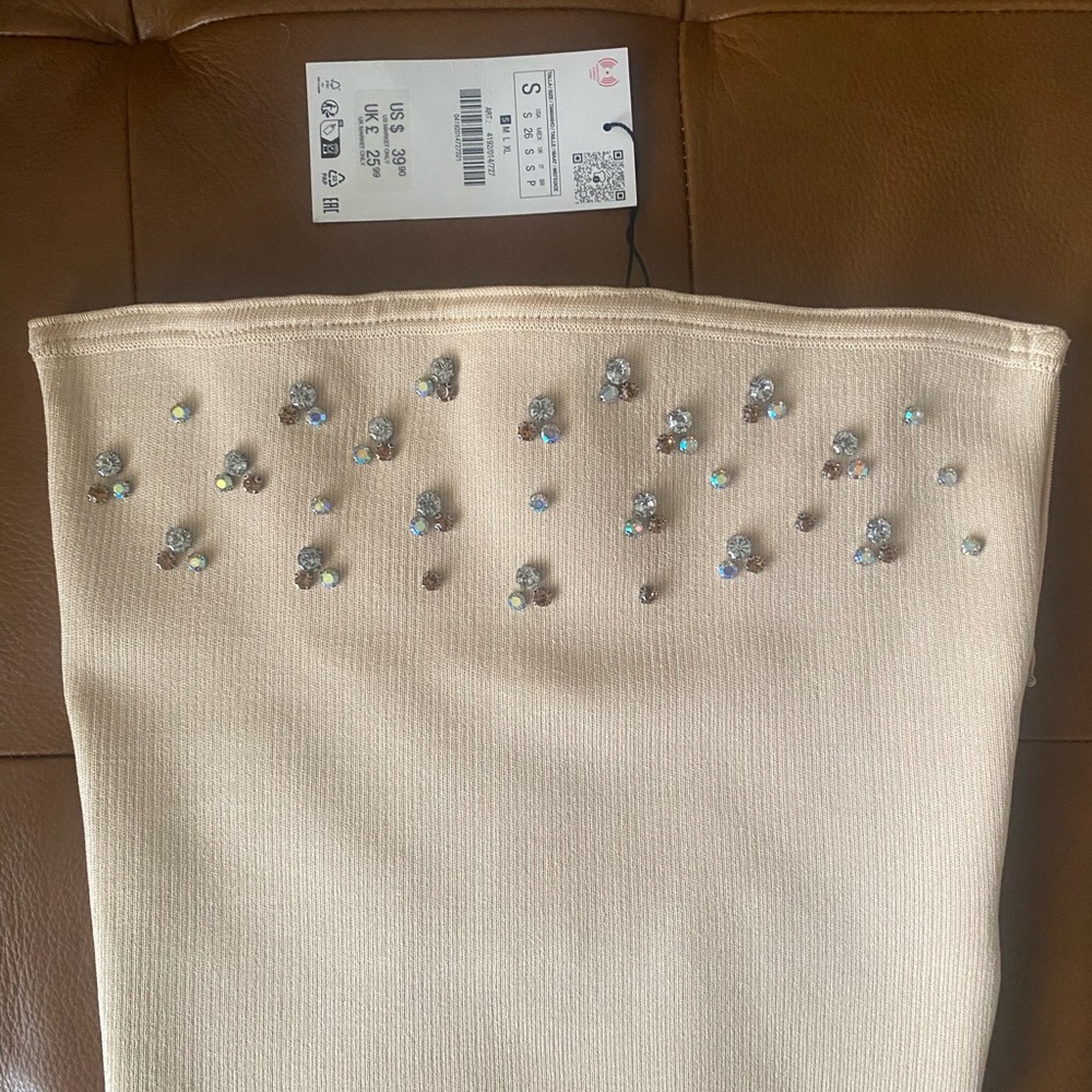 Zara tan knit Tube Top with Embellishments